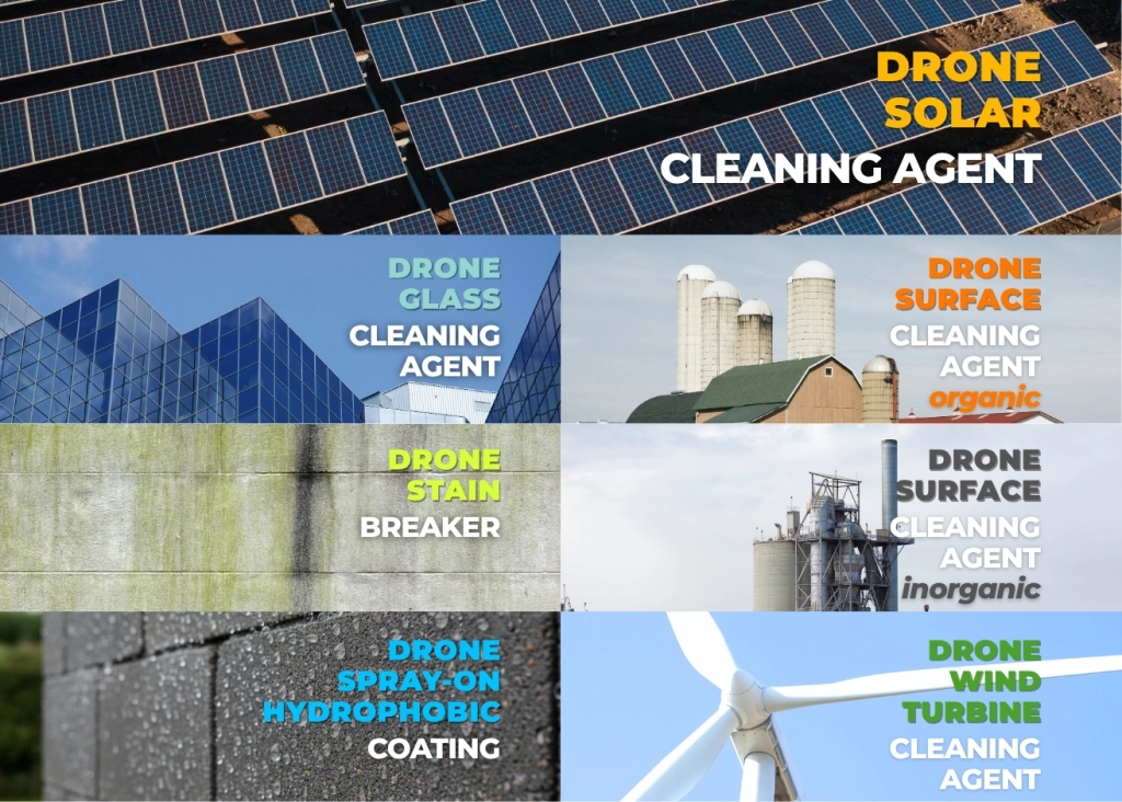 Drone Cleaning Agents - Solar, Glass, Surface, Stain, Hydrophobic, Wind Turbine